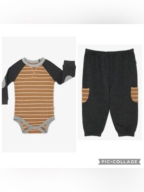 Little Sleepies Cider Stripe Waffle Raglan Bodysuit + Heather Black Jogger Set